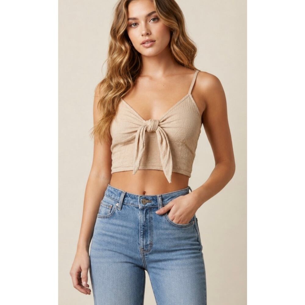 ❣️5/$25 Aerie Tie Front Bow Crop Top Large Cream Beige Smocked Boho Festival